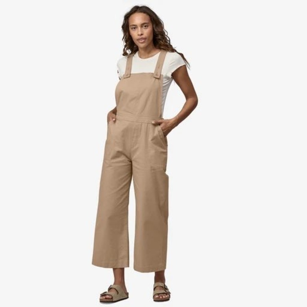Oak + Fort Tan Wide Leg Cropped Overalls Khaki Cotton Jumpsuit Small